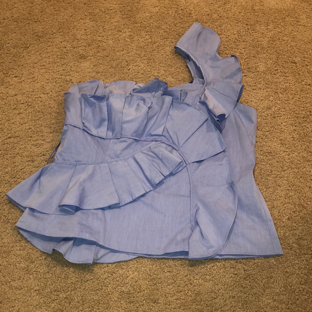 NY&CO chambray one shoulder top Sz L - Picture 3 of 8